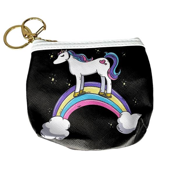 NEW Girls COIN PURSE KEYCHAIN Key Ring Unicorn Rainbow Black Zip Bag Pouch - Picture 2 of 5